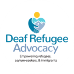 Blue, teal, and yellow Deaf Refugee Advocacy logo
