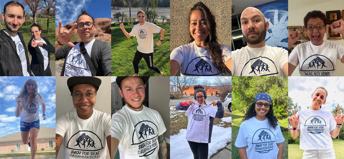 A collage of thirteen people smiling and posing in “Dash for Deaf Organizations” t-shirts. Some make running poses or sign “I love you,” showing their participation in the virtual race supporting deaf nonprofits.