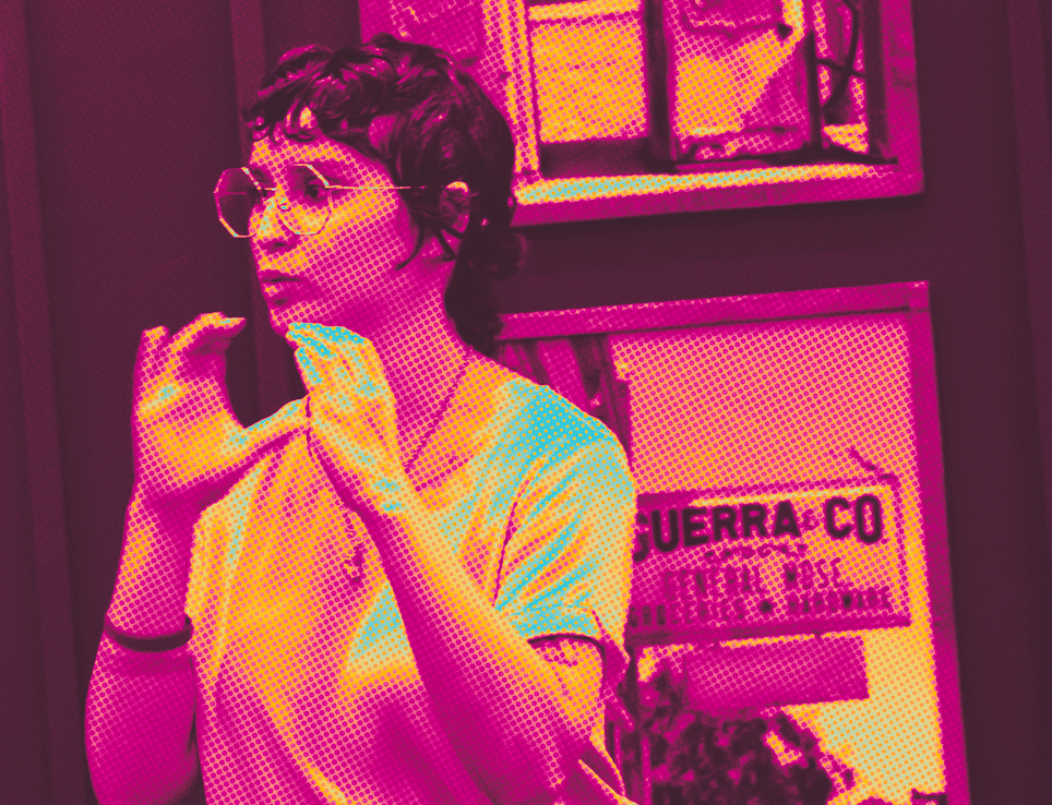Photo of a person signing “communicate” in half-tone hues of mint, yellow, purple, and pink.
