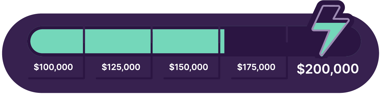 Dark purple thermometer with lightning bolt at the far right end. Progress indicators from L to R: $100,000; $125,000; $150,000; $175,000; $200,000. Thermometer indicates $150K has been raised so far.