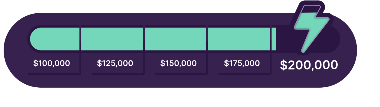 Dark purple thermometer with lightning bolt at the far right end. Progress indicators from L to R: $100,000; $125,000; $150,000; $175,000; $200,000. Thermometer indicates $175K has been raised so far.